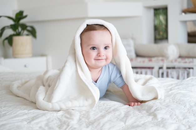 cute baby boy 6 months old blu bodysuit smiling lying bed with white plaid home 203451 836